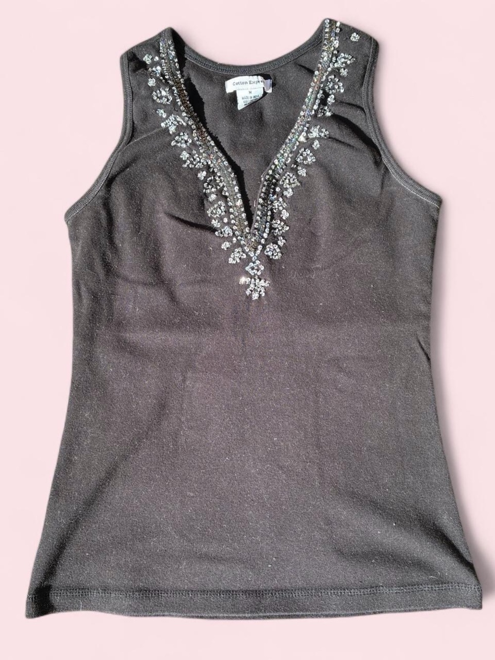 Cotton Express Black Embellished V-Neck Tank Top